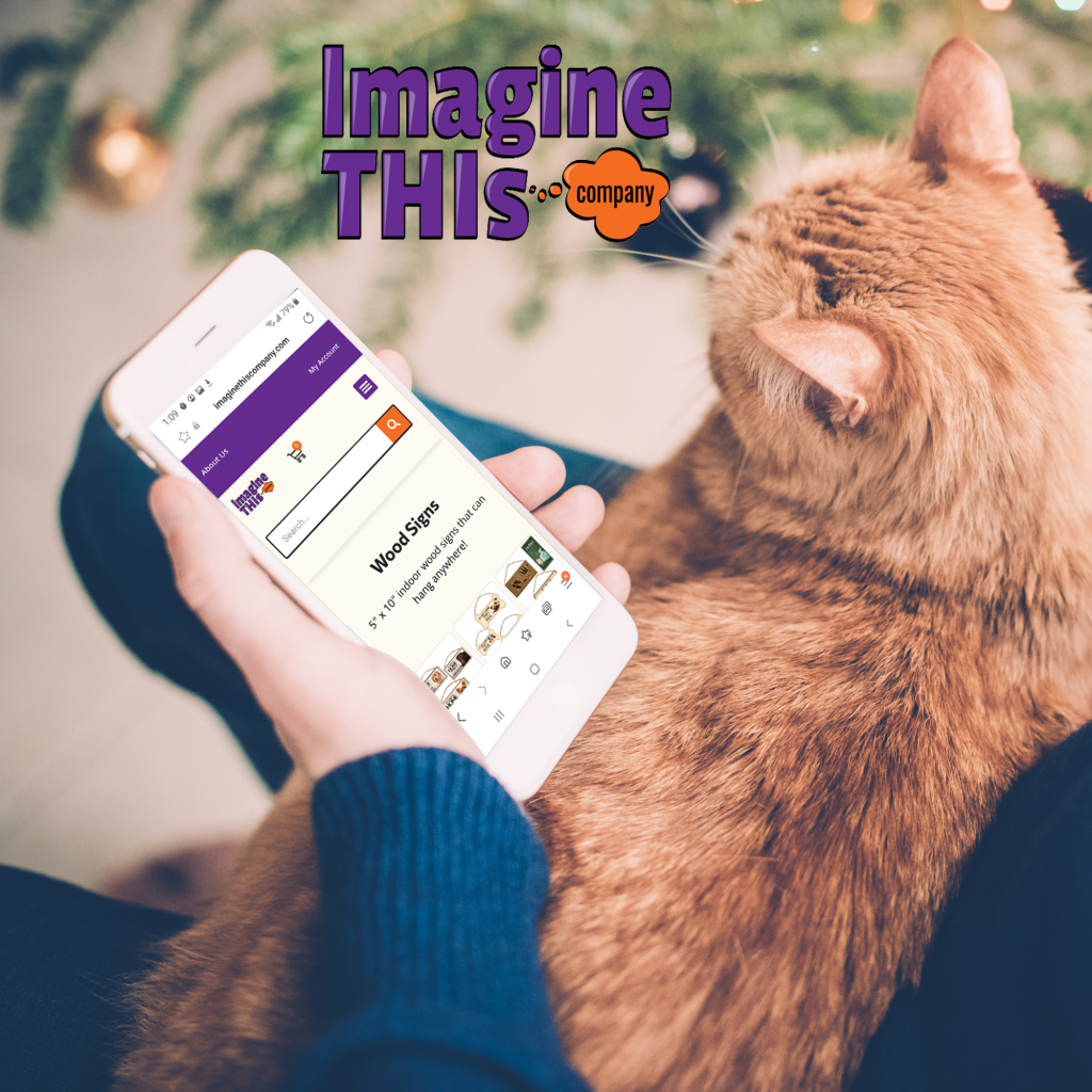 Man using Imagine This website on phone with cat in lap.