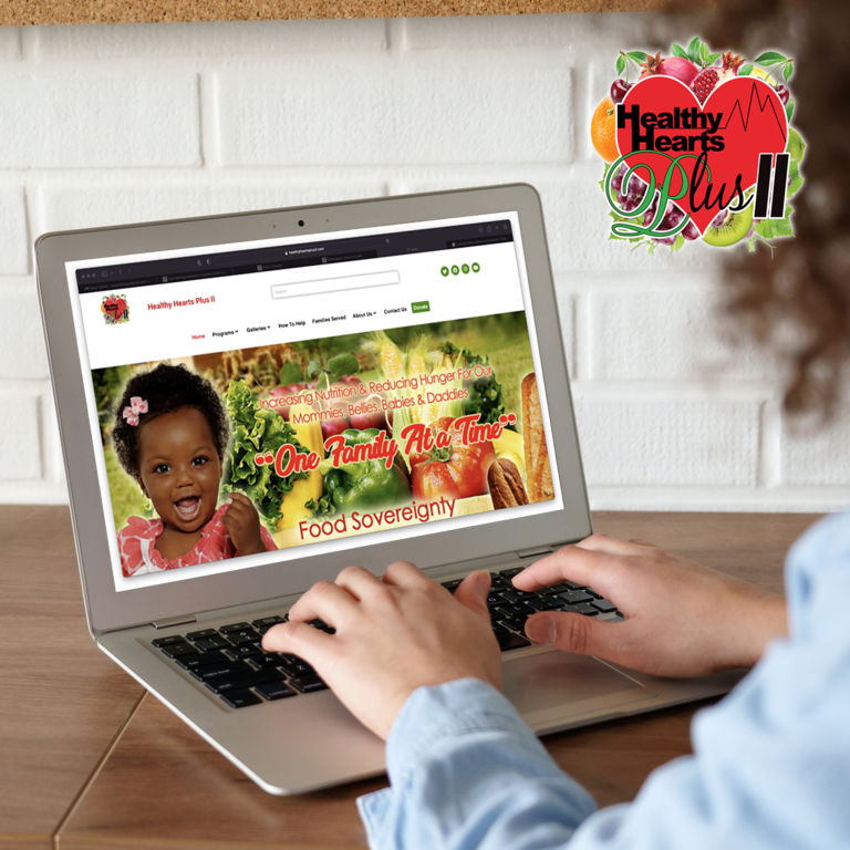 Black woman using Healthy Hearts Plus II website on laptop with logo in corner.