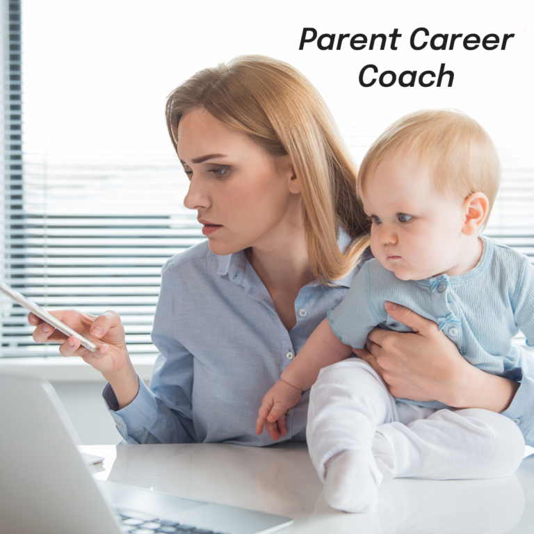 Parent Career Coach thumbnail - Mom on laptop and phone with baby in arms.