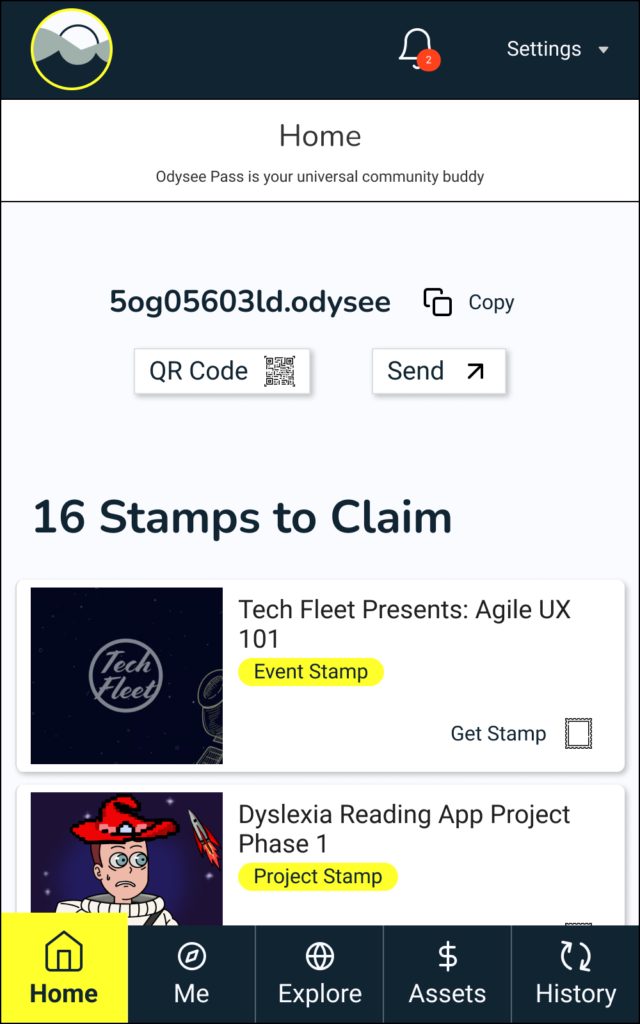 Mockup of a web extension showing the stamps page.