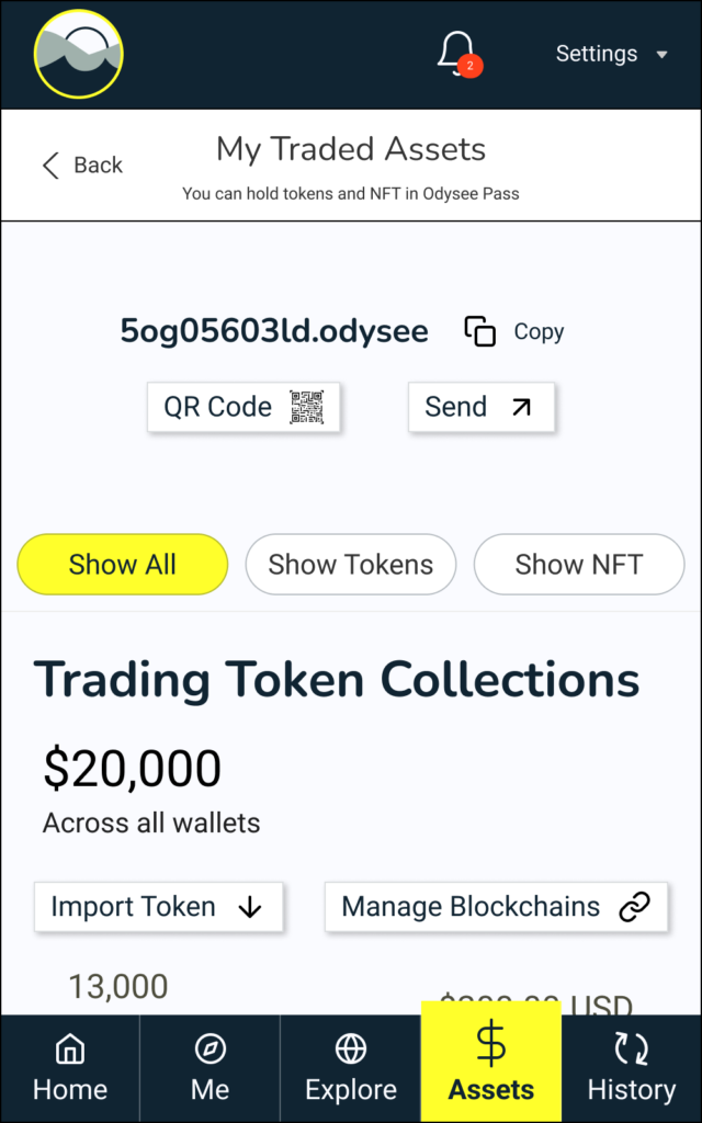 Mockup of the Odysee network extension showing the Assets page