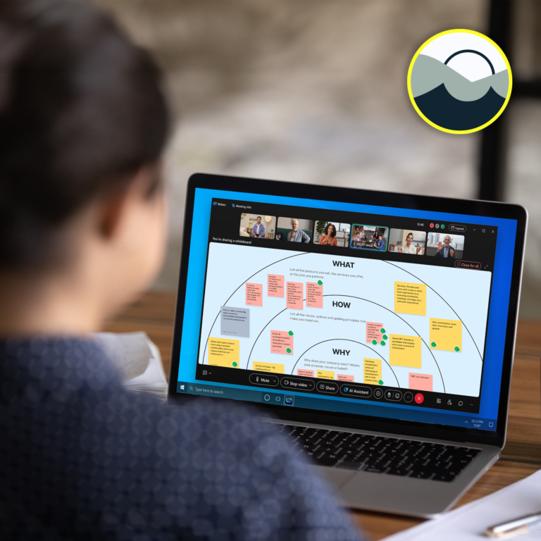 Woman participating in a virtual branding workshop with an Odysee logo in the corner